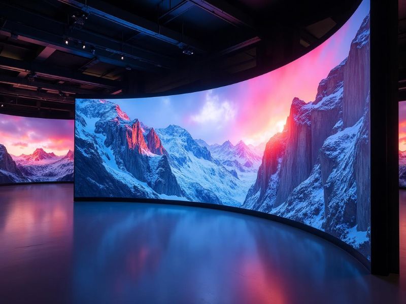 Curved flexible LED video wall wrapped around architecture