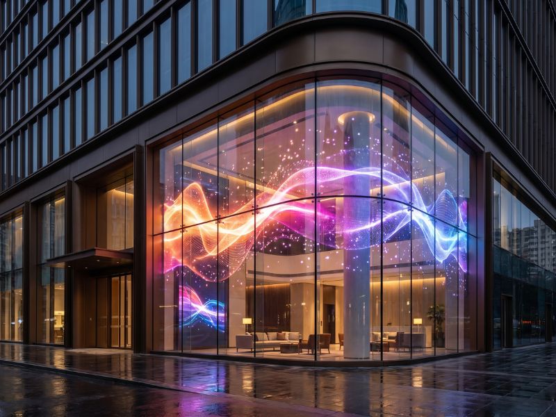 Transparent LED display integrated into a glass storefront